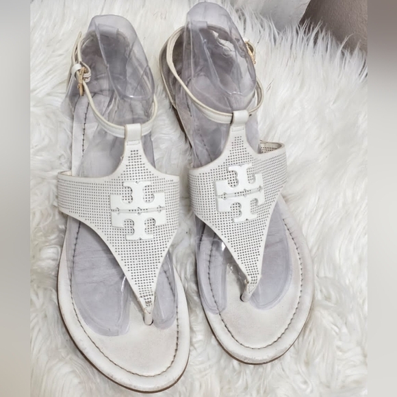 Tory Burch Silver Tone Open Toe White Sandals Size 8.5🌴 - Picture 1 of 8